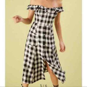 Reformation Hattie Gingham Linen Off the Shoulder Dress Size 4